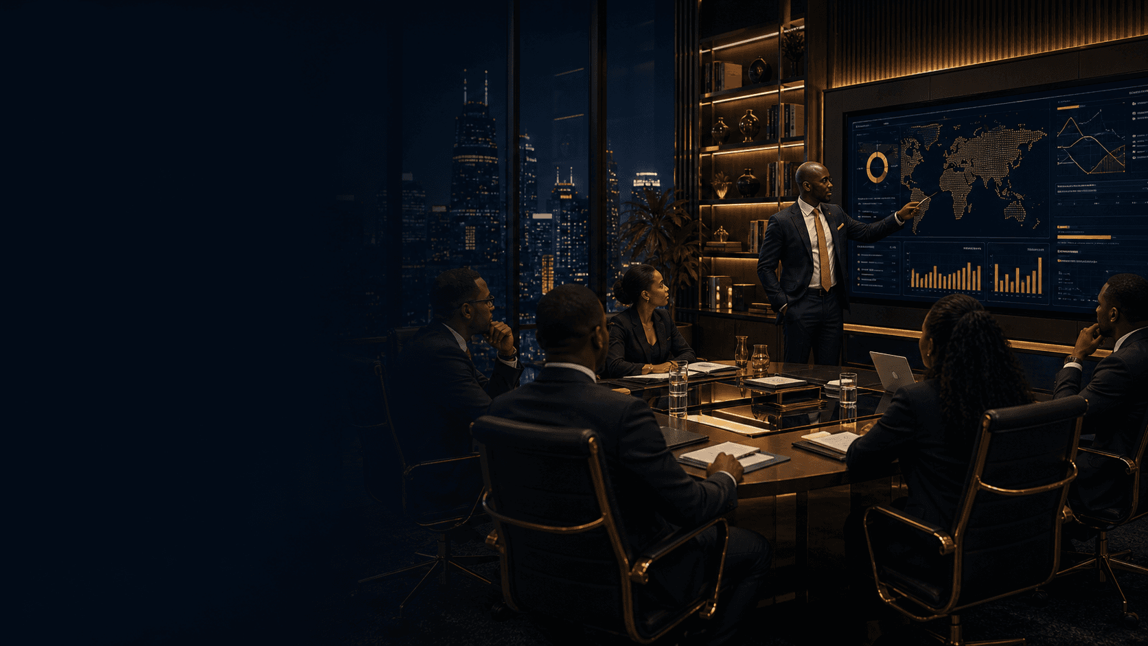 Consultants in a boardroom presenting a transformation strategy